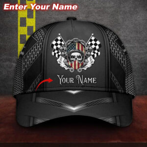 America Flag Skull Racing Custom Name Cap