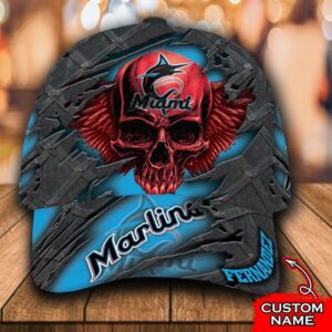 Personalized Mlb Miami Marlins 3D Skull Custom Name Cap