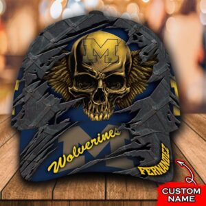 Personalized Ncaa1 Michigan Wolverines 3D Skull Custom Name Cap