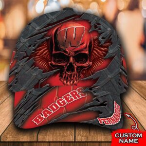 Personalized Ncaa1 Wisconsin Badgers 3D Skull Custom Name Cap