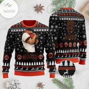 Sports Baseball Team San Francisco Giants Player Wearing Cap And Glove Ugly Christmas Sweater